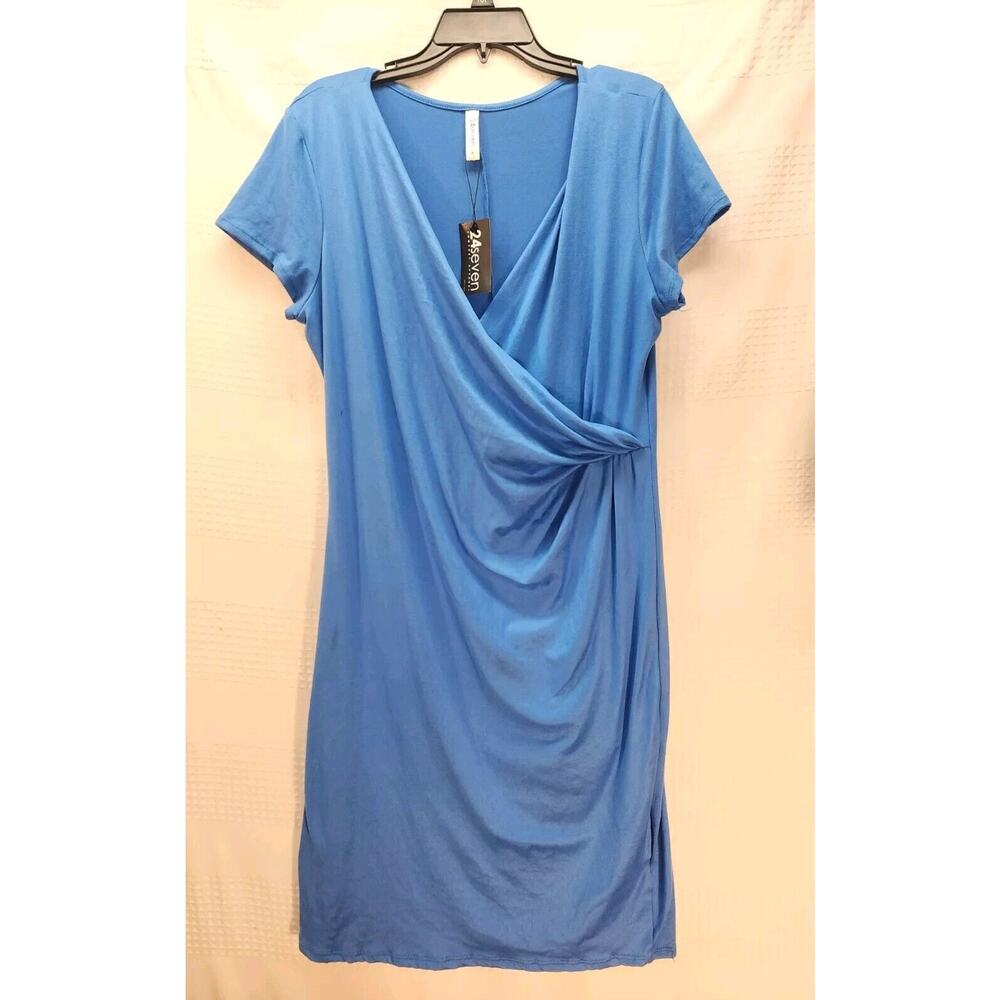24seven Wrap Dress Size XL Short Sleeve Midi Blue Stretch